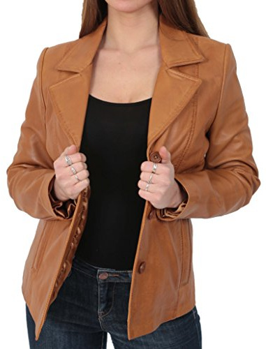 Blazer en Cuir pour Dames Manteau Equipée Classique Hip Longueur Femmes Veste Bronzer Judy (S - 36)