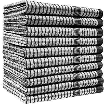 Pack of 10 Heavy Duty (80gm/pc) WonderDry Checked Cotton Kitchen Tea Towels - Absorbent - Long Lasting – Professional Grade - Lint Free, Fade Resistant – Bar, Catering Restaurant Cloth- 50 x 70 cm