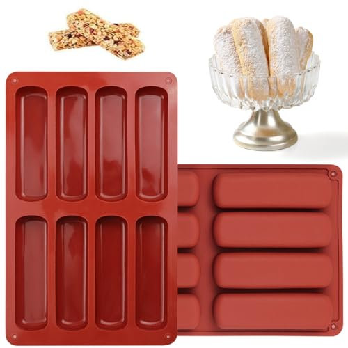 2 PCS Rectangle Silicone Granola Bar Moulds 8 Cavity Non Stick High-Temperature Resistant Baking Mold Energy Bar Maker for Chocolate Bread Biscuit Brownie Pudding Soap (Red)