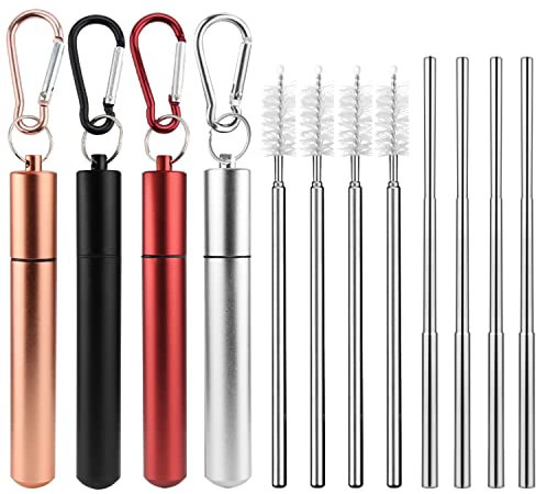 Pajitas de Acero Inoxidable Reutilizables Metal Juego de 4,Cañitas Pajitas Plegables Portátiles Estuche Con Cepillo y Mosquetón 10 a 22,5 Cm Para Zumos y Bebidas, El Uso Diario o de Viaje