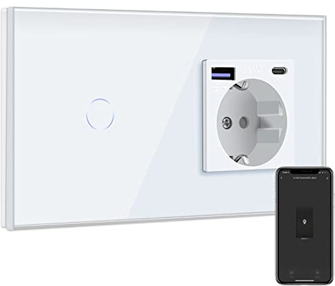 BSEED Smart Alexa Lichtschalter mit Steckdose Schuko Unterputz Steckdose mit USB C 20W Schnellladegerät USB Type C 1 Fach 1 Weg Wandsteckdose mit Glas Panel Geeignet für Phone, Pad, MP3 und mehr Weiß