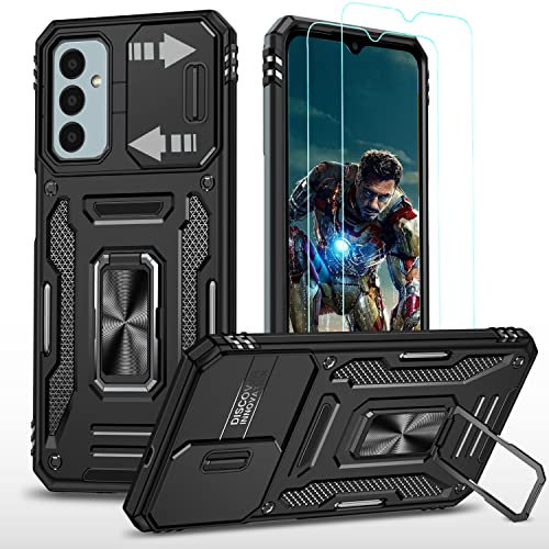 YmhxcY For Samsung Galaxy M13 4G And M23 5G Case, With 2*PET Screen Protector, With Slide Camera Cover，Military Grade Protective Case,360° Rotate Metal Stand For Samsung Galaxy M13 And M23-Black