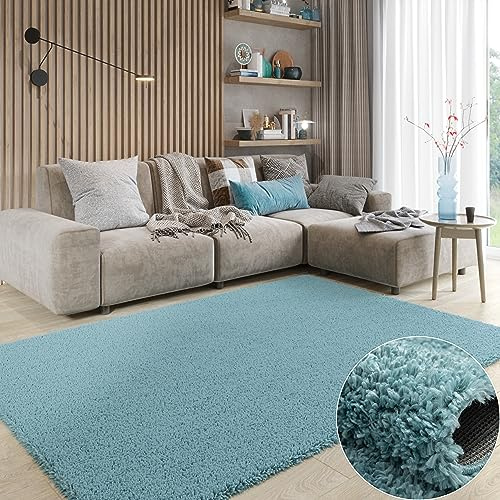 MY-RUG Shaggy Star kuscheliger Langflor Teppich, Rutschhemmende Unterseite, extra Langer Hochflor 37 mm, Pflegeleicht, Super Soft, Felloptik, hellblau, himmelblau, Babyblau, eckig 180 x 120 cm