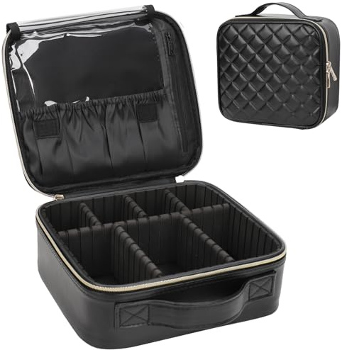 Relavel Makeup Bag, Travel Cosmetic Train Case Organizer Portable Artist Storage Bag with Adjustable Dividers for Cosmetics Makeup Brushes Toiletry Jewelry Digital Accessories Quilted Leather Black