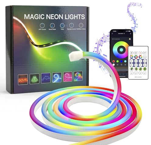 FWoche Tira LED Neón 2m RGB IC, Tira LED USB IP67 con Control de APP Bluetooth y Remoto IR, Sincronización de Música, Luz de Silicona Flexible, Color Mágico para Salón, Dormitorio, Pared