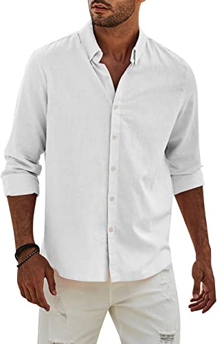 Elegancity Camicia Lino Uomo Manica Lunga Elegante Camicia Uomo Casual con Bottoni Cotone Regular Fit con Bottoni Tinta Unita，Bianco M