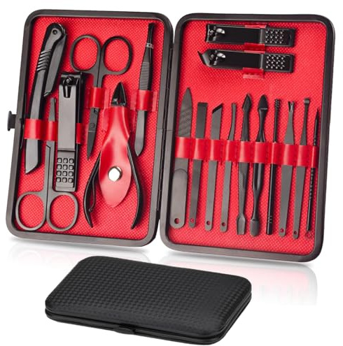 Manicure Set, 18pcs Nail Clippers Pedicure Kit Nail Care Kit Manicure Professional Tools Gift for Men Women Friends and Parents with Storage Travel Case (Black & Red)