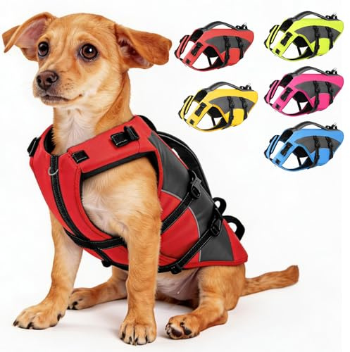 CITÉTOILE Gilet de Sauvetage pour Chien, bouée de Sauvetage réglable pour Chien Ripstop avec Poignée réfléchissant, adapté aux Sports Nautiques, Dog Life Jacket, Rouge, S
