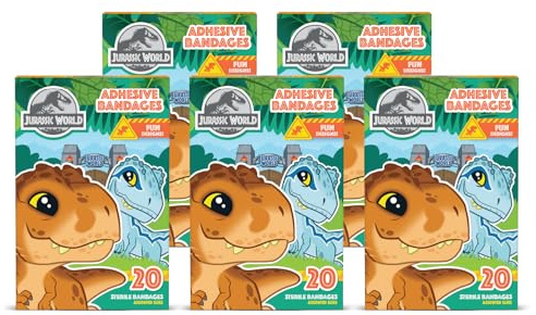 Jurassic World Dinosaur Bandages, 2 Assorted Sizes 100 CT | Wear Like Stickers, Flexible Adhesive Bandages for Minor Cuts, Scrapes, and Burns. Great Gift idea for Kids