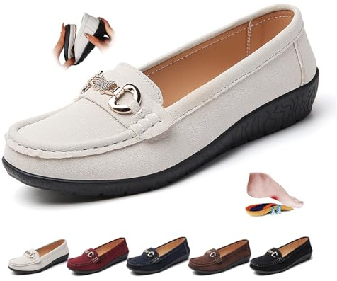 ZPLMIDE Mocasines ortopédicos de piel de ante para mujer, estilo retro, mocasines para conducir, cómodos, sin cordones, zapatos náuticos de moda, tacones de cuña, beige, 43 EU