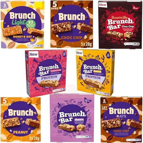 Brunch Bars Guilt Free Low Calories Bundle With Choc Chip Raisin Peanut Bournville, Honey & Oat and Orange Cereal - 3 Pack Total 15 Bars - For Tasty Snacks - 3 Different Treat