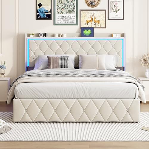 BLSYHDH Bett mit Kofferraum, 140 x 200 cm, mit LED, gepolstert, hydraulisches Bett, mit Bettkasten, für 2 Personen, mit Ladefunktion, Doppelbett mit Stauraum (Beige + Flanell-A, 140 x 200 cm)