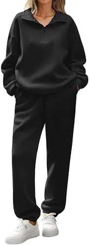 Tuopuda Felpa Donna Senza Cappuccio Set da Salotto 2 Pezzi Sweatshirt Manica Lunga con Zip 1/4 e Pantaloni della Tuta Tuta da Ginnastica (Nero,L)