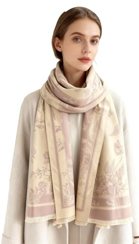 Leisofter Bufanda de invierno para mujer, bufanda de lana cálida, suave, pashmina, grande, para otoño, bufanda de invierno, diseño de flores, con flecos, 185 x 65 cm, #12-rosa, 185 x 65 cm