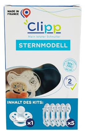 CLIPP Set – Entwöhnungsschnuller Sterne + 5 Entwöhnungsschilde zur schrittweisen Abgewöhnung + Gebrauchsanweisung – Spielerisch, einfach & sanft – Patentiert – Entworfen in Frankreich – Ab 2