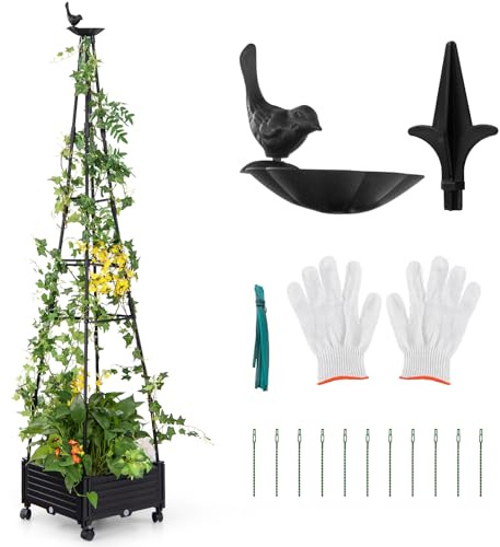 COSTWAY Växtstöd med blomlåda på hjul, trädgård Obelisk av belagd metall och PP, spaljé med planteringslåda och självbevattning, tomattorn för klätterväxter blommor tomater