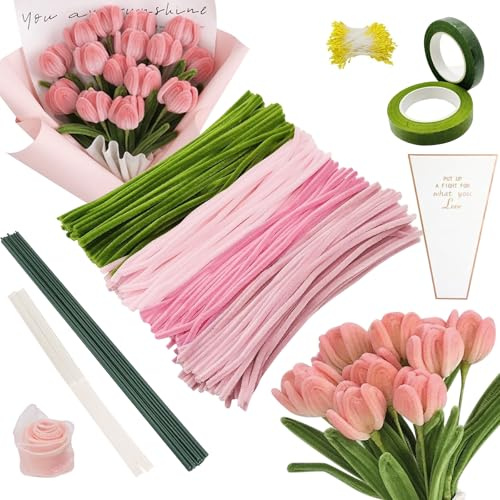 Juego de 400 limpiadores de pipas de flores, limpiapipas para manualidades con tallos de flores, estambres, cinta de flores, bolsa de flores blancas, limpiador de pipas para tulipanes e ideas de