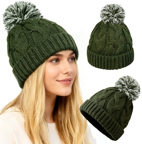 WDAIYEK Slouchy Chunky Knit Beanie with Pom Pom - Cozy Winter Bobble Hat for Women and Men Dark Olive