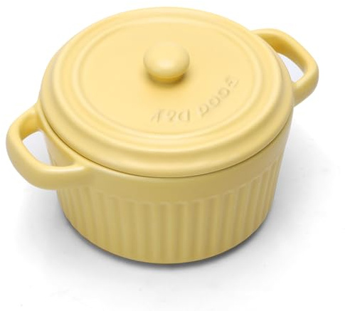 Mini cocotte con tapa, Cacerola Fuente para horno de cerámica con 2 asas, Moldes redondos con tapa para soufflé, lasaña, crème brûlée, postres, aptos para microondas y horno (Amarillo, S-250ml-1pc)