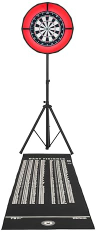 Dart Board Set Bristle Dartboard LED Ring Light Self Healing Surround Mounting Stand Adjustable Height Tripod Accessories Included 6 Professional Iron Darts Checkout Finishes Mat Portable Home Kit