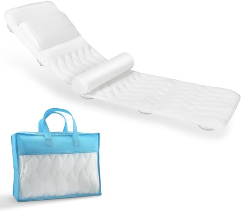 Cojín de baño de cuerpo entero, alfombrilla antideslizante para bañera con cojín y ventosas para una altura de 160 – 180 cm, cojín de baño para cuello y espalda, protector lumbar (blanco)