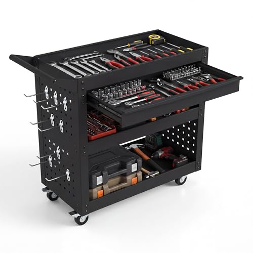 TANGZON 3-Tier Rolling Tool Cart, Utility Service Cart with Large Drawer, 2 Pegboards, 8 Hooks, Handle & Lockable Wheels, Heavy-duty Metal Mobile Storage Trolley for Garage Warehouse (Black)