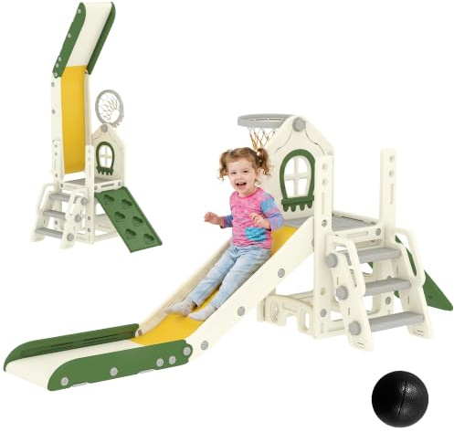 AIYAPLAY Toboggan pour Enfant Pliable 5-en-1 Escalade 1 à 3 Ans Crème | Panier de Basket, Espace de Rangement, Ballon, Aire de Jeux Intérieure