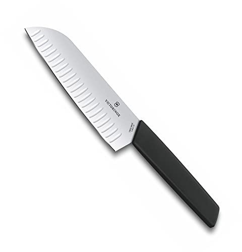 Victorinox, Swiss Modern Professional Santoku Knife, Extra Sharp Blade, Serrated Edge, 17 cm, Robust Plastic Handle, Stainless Steel, Black