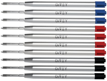 DIVEY Kugelschreiberminen für das G2-Format - hochwertige Großraumminen im 10er Pack - Ersatzminen - Kugelschreiber Minen - Kuliminen - Kugelschreiber Patrone - Rot, Schwarz & Blau