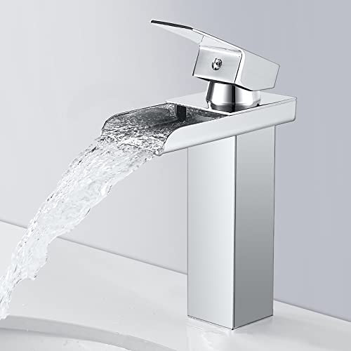 SINKTORY Moderne Robinet Salle de Bain Cascade, Chromé Mitigeur Lavabo Cascade, Robinet Lavabo avec Bec Hauteur 140mm, Mitigeur Salle de Bain en Laiton, Eau Froide & Chaude Disponible, G 3/8