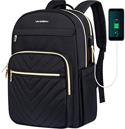 VANKEAN 15.6 Zoll Laptop Rucksack Damen, Schulrucksack wasserdicht Damen Herren Arbeitstasche mit USB Ladeanschluss für Universität Business Arbeit Reisen Camping, Schwarz