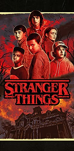 Beronage Stranger Things badhandduk Creels hus 70 x 140 cm svart röd Eleven Dustin Mike Billy Steve Will Max Hopper handduk strandhandduk badlakan bastuhandduk strandlakan duschhandduk