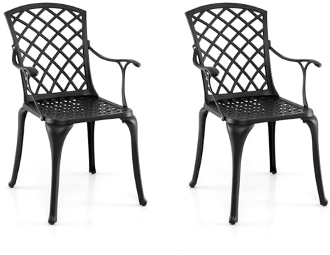 KOMFOTTEU Juego de 2 Sillas de Jardín de Aluminio Fundido, Silla Terreza Exterior con Reposabrazos y Respaldo, Silla de Bistró con Carga 110 kg, Silla de Comedor para Balcón, Patio (Negro)