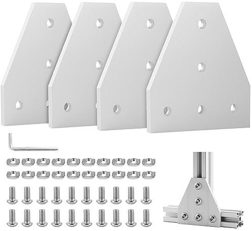 EXLECO 4er Eckhalterung Verbindungsplatte Aluprofil 40x40 Eckhalterungsplatte Eckwinkelplatte Außenprofil T Profil Aluminium mit Muttern Schrauben Schraubenschlüssel für 9mm Schlitz Aluminiumprofil