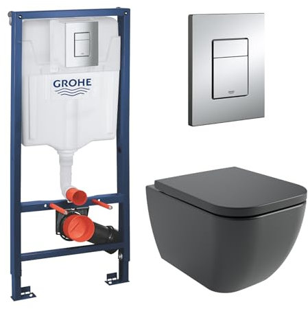 vanvilla Wand Hänge WC Tara Spülrandlos Tiefspüler Toilette mit Soft-Close WC-Sitz mit Grohe Vorwandelement SET schwarz matt