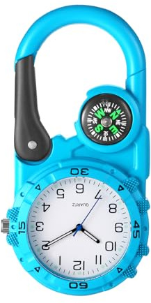 JewelryWe Unisex Fob Carabiner Watch: Men Women Blue Analog Quartz Clip On Compass Watches for Doctors Nurses Chefs Paramedics Outdoor Climbing Sports