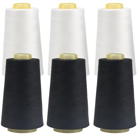 FOGAWA Lot de 6 rouleaux Fil à coudre 40S/2, 3000 yards Bobines de Fils à Coudre en Polyester, fil surjeteuse pour Machine à Coudre, surjeteuse pour la couture, le Patchwork(noir x 3 + blanc x 3)