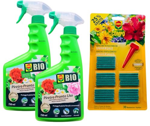 SET: 2xDetergente Spray Insetticida a Rapida Azione, PIRETRO PRONTO USO. Protegge Le Piante Floreali e Ornamentali, Di Origine Naturale 750ml + Concime In Bastoncini UNIVERSALE