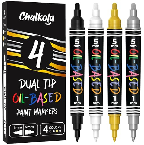 Chalkola 4 Oil Based Paint Markers - Oil Paint Pens Dual Tip (1mm Fine Tip + 5mm, White, Black, Gold & Silver) | Waterproof & Permanent for Metal, Automotive Tire, Plastic, Fabric, Wood, Touch up