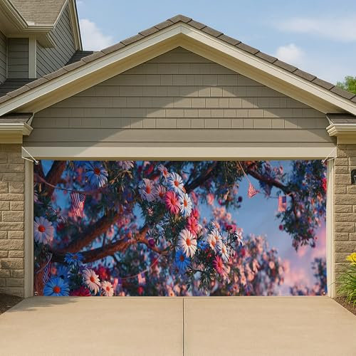 Grande bannière florale patriotique pour porte de garage - Décoration de vacances, jour de l'indépendance d'été - Toile de fond extérieure - 397 x 180 cm