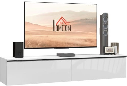 HOMCOM TV-Möbel zum Aufhängen, TV-Möbel, Holz, TV-Wandbank, für Fernseher bis zu 70 Zoll (170 cm), mit Schrank mit Türen, Hochglanz-Effekt, für Wohnzimmer, Schlafzimmer, 160 x 35 x 30 cm, Weiß