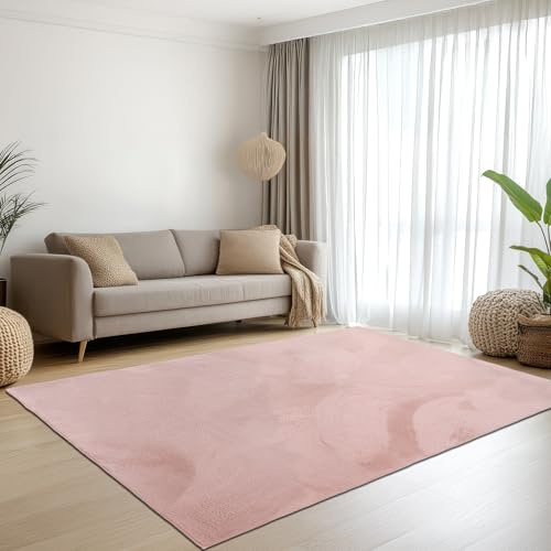 Teppich-Traum Teppich Wohnzimmer Schlafzimmer Kurzflorteppich Hasenfell Kunstfell Optik seidig weich samtig glänzend pflegeleicht hochwertig einfarbig rosa 120 x 170 cm