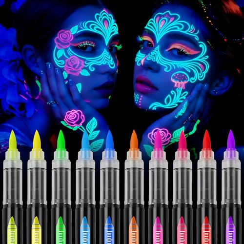 Pintura De Cara De Neón Brillante UV: 12Ceras Fluorescente De Color De La Cara - Lavable No Tóxico Cera Lápiz UV Neón Para Rostro y Cuerpo, Para Halloween, Mardi Gras, Fiesta De Disfraces
