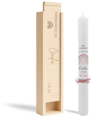 VILLA ROSA LOTTA - Bougie de communion personnalisable « Cecilia » avec données souhaitées, dos et boîte en bois | Inscription rose arc-en-ciel | 40 cm x 4 cm | pour garçons et filles | Bougie d'autel