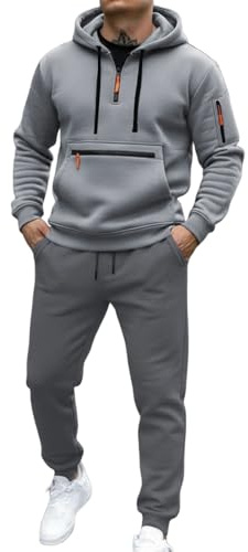 Generisch Chándal con capucha, chaqueta con cremallera completa y múltiples bolsillos y pantalón de chándal a juego para ropa deportiva de ocio, Gris claro., L