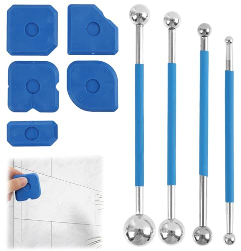 Kit 9 Herramientas para Juntas Silicona y Azulejo – 4 Extractores Bola Metálica + 5 Alisadores Silicona – Acabado y Reparación para Baño y Cocina