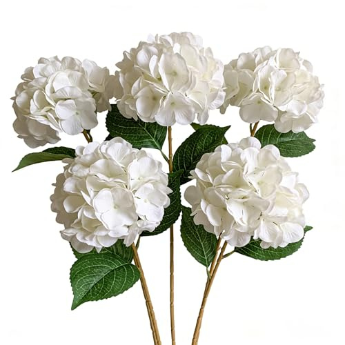 Zhixan Set med 5 konstgjorda blommor hortensior vit, 45 cm konstgjorda hortensior som äkta med verklig touch, realistiska sidenblommor för bröllopsdekoration bordsdekoration vardagsrum hem
