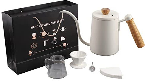 Set di caffettiera Pour Over 5 pezzi Kit di caffè americano premium per preparazione manuale con barattolo di vetro Termometro a imbuto in acciaio inossidabile per baristi (Bollitore per la
