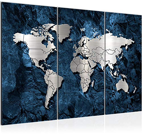 Runa Art Wandbilder Weltkarte Bild XXL Büro Wohnzimmer Blau Abstrakt Silber 120 x 80 cm 3 Teilig 107331b