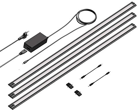 ledscom.de LED-underskåpslampa SIRIS svart matt, platt, 90cm, 963lm per styck, varmvitt set med 3
